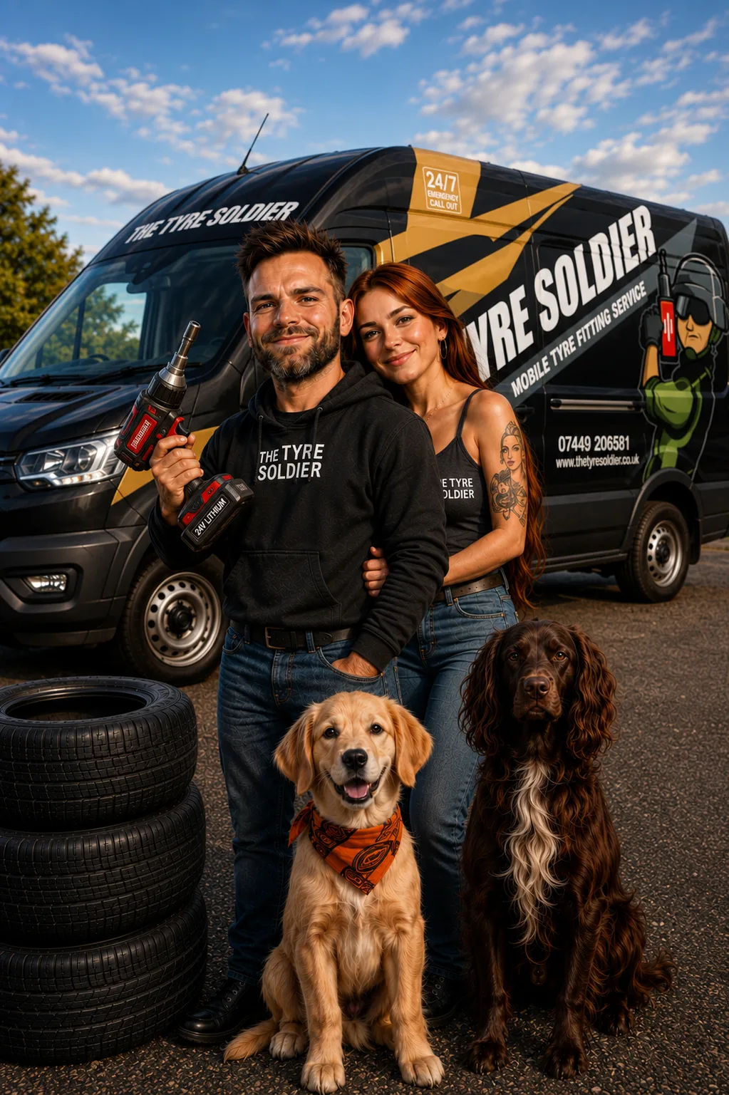 Matt Brown and Keri Peters, directors of The Tyre Soldier, mobile tyre fitting, Dundee, Scotland.
